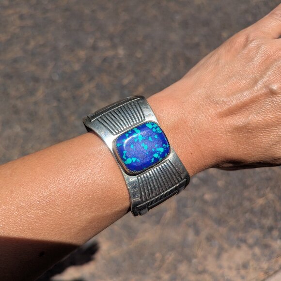 Handmade Native American Azurite Chrysocolla Cuff Nickel Silver Bracelet Sz‎ 7* - Picture 3 of 11